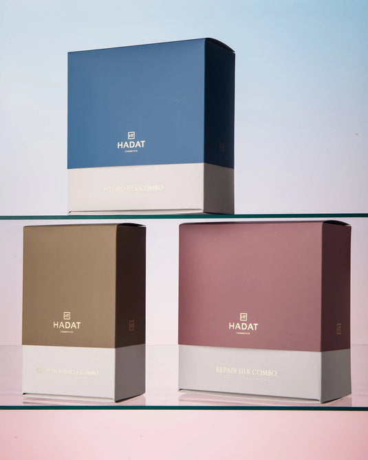 Hadat Cosmetics hair care boxes: Hydro Silk, Growth Miracle, Repair Silk combos