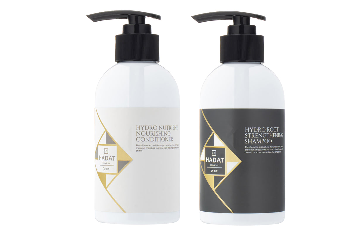Hydro nutrient conditioner and root strengthening shampoo bottles