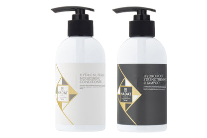 Hydro nutrient conditioner and root strengthening shampoo bottles