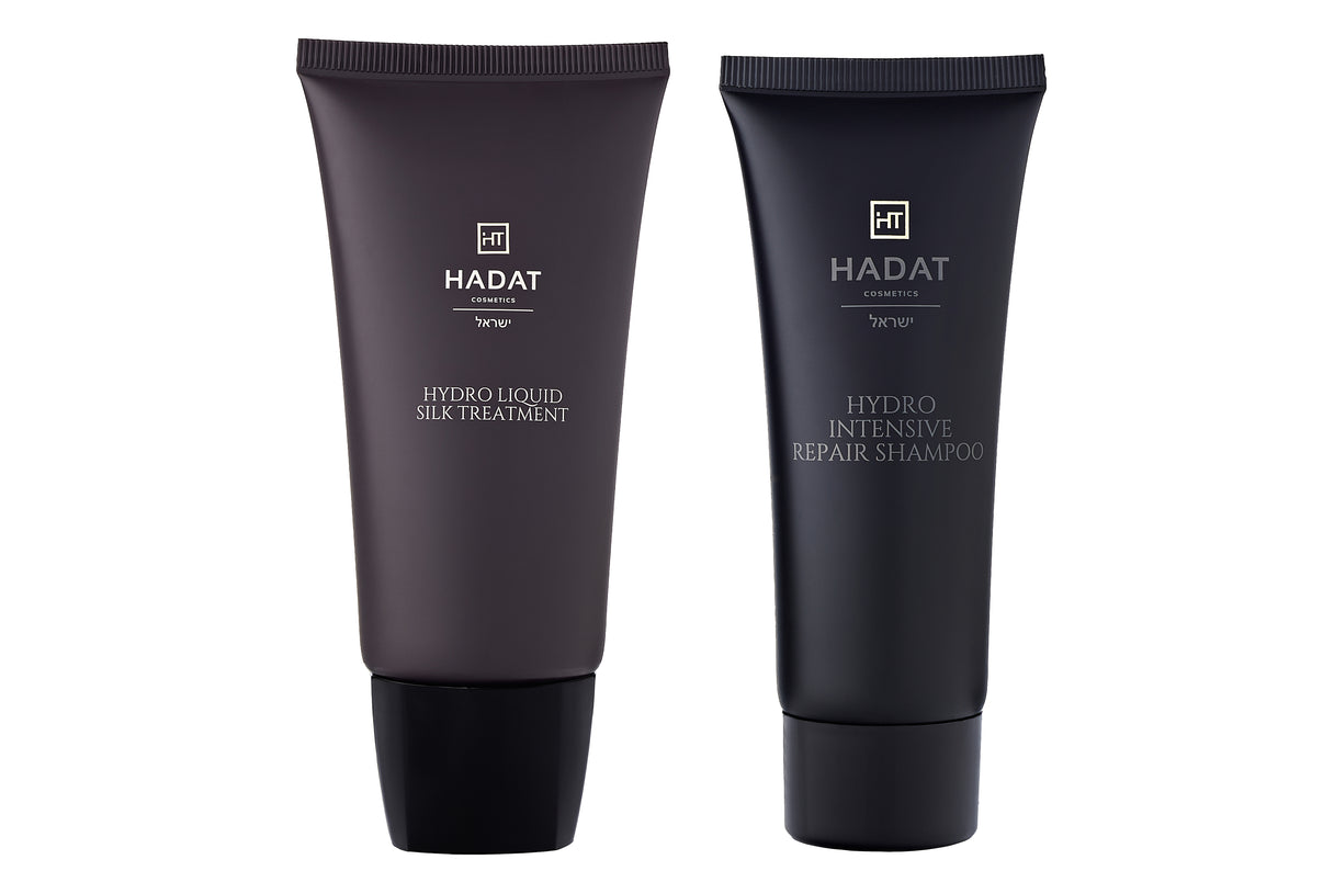 Hadat Hydro Liquid Silk Treatment and Hydro Intensive Repair Shampoo tubes