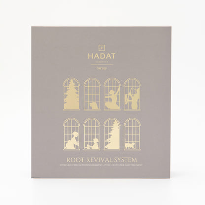 Hadat Root Revival System hair care box with gold window designs