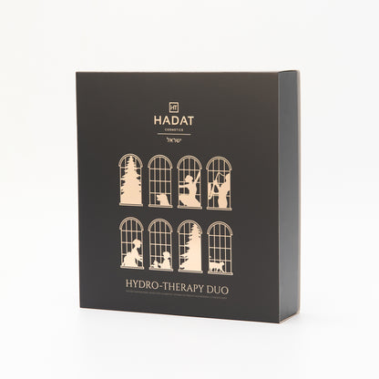 Hadat Cosmetics Hydro-Therapy Duo gift box with gold window silhouettes
