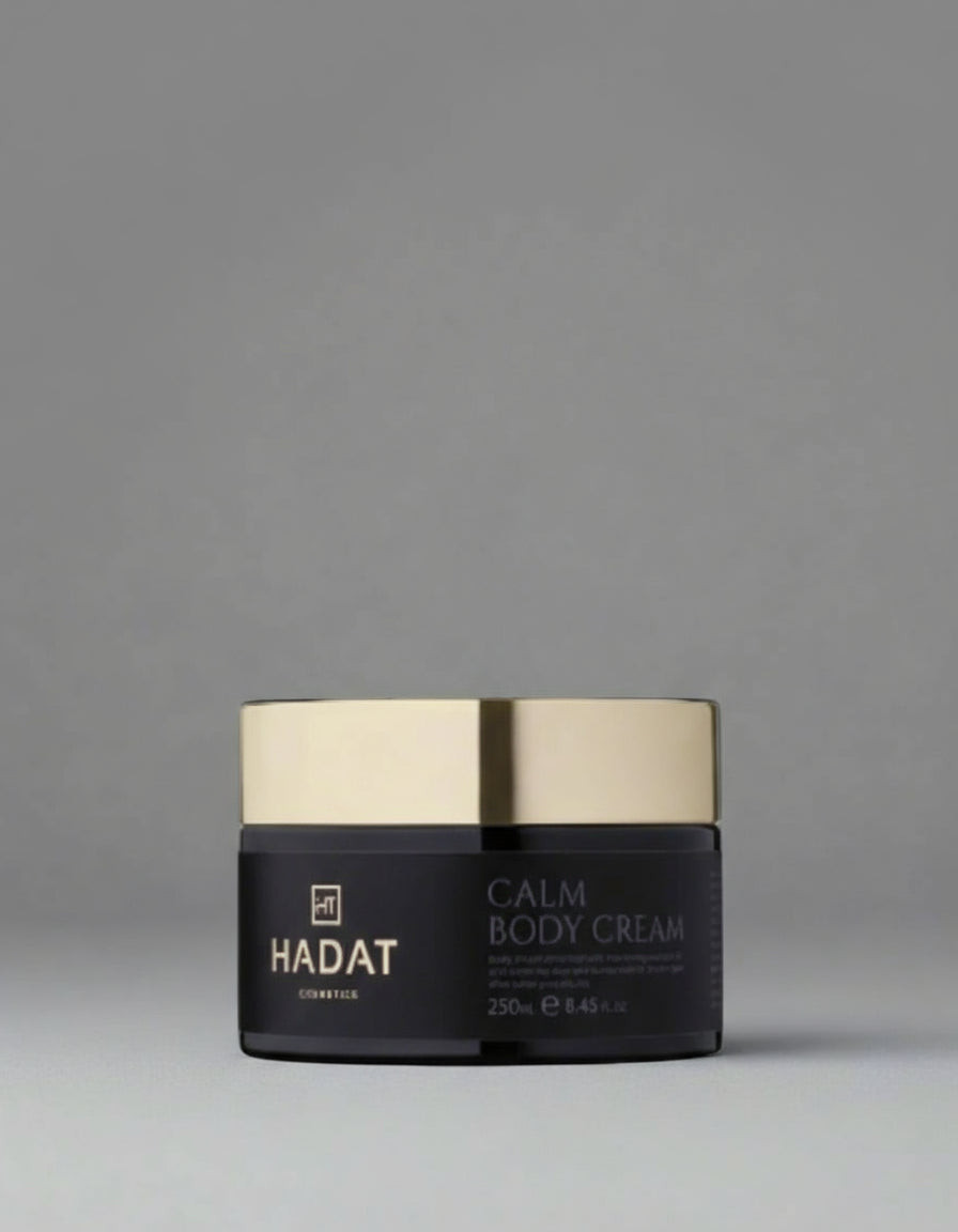 Hadat Calm Body Cream in black jar with gold lid