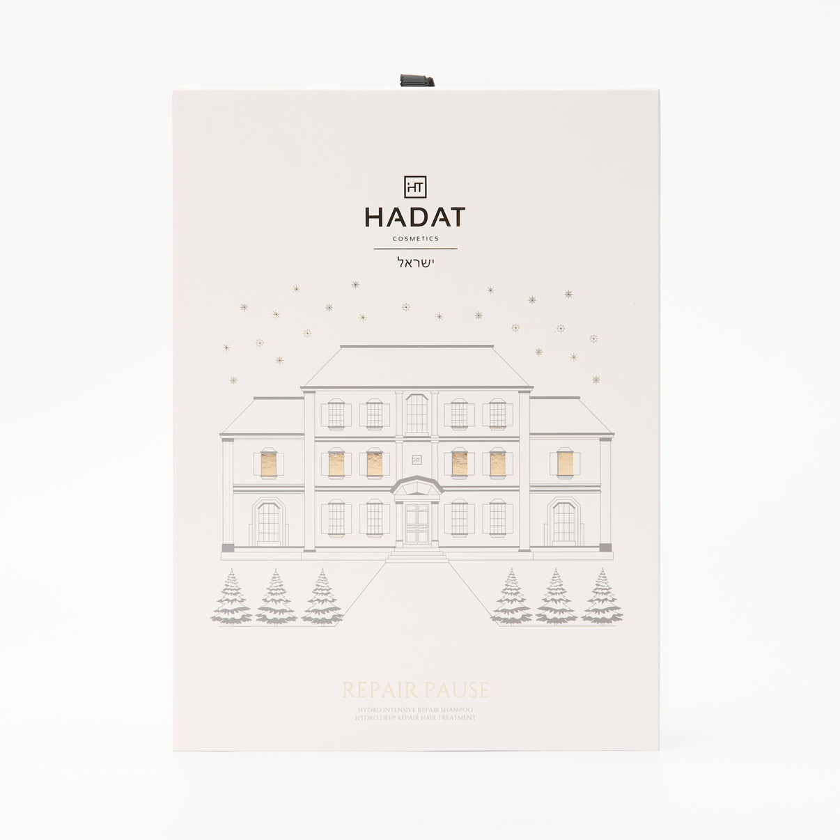 Hadat Cosmetics Repair Pause hair treatment set box with mansion illustration