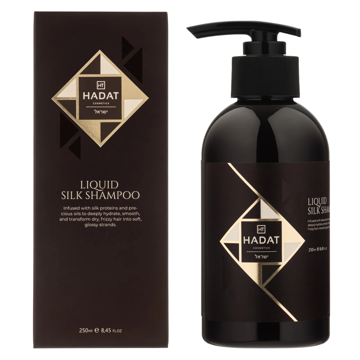 Liquid Silk Shampoo bottle and box with gold geometric design