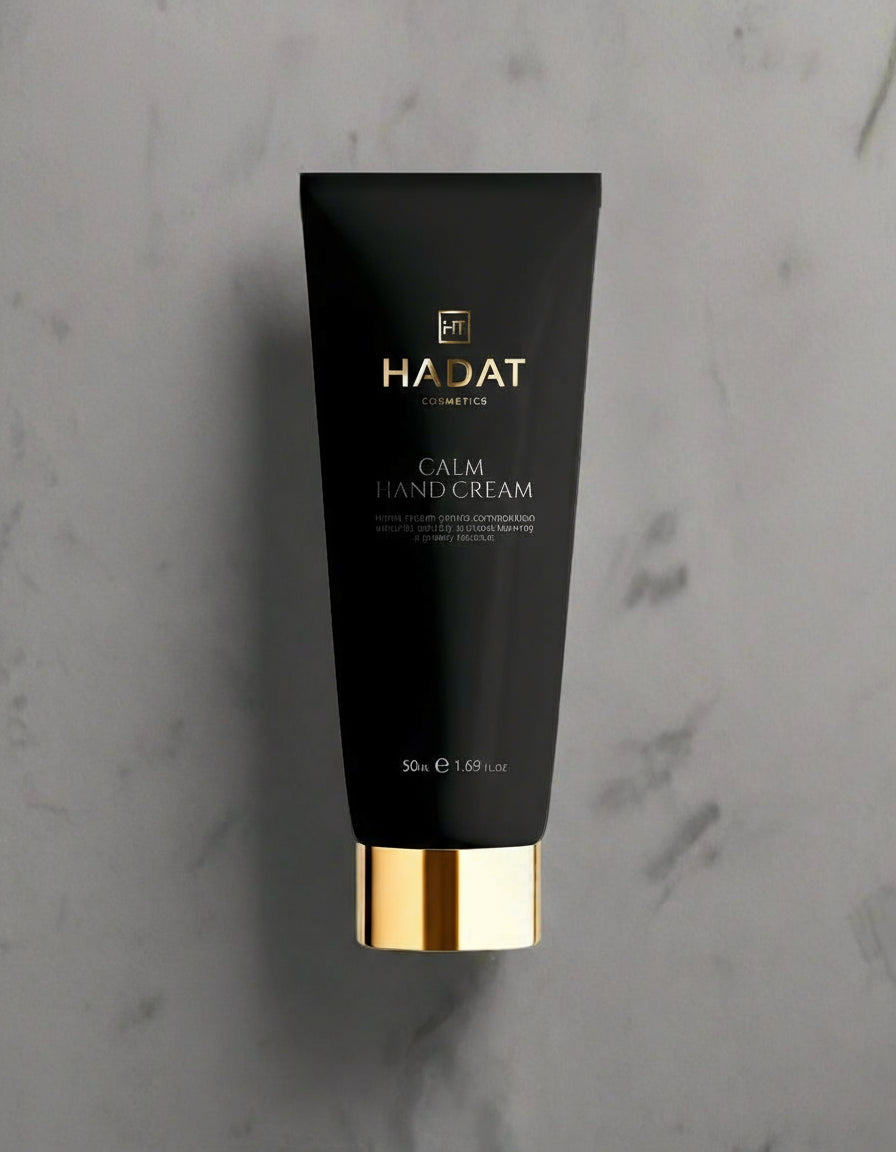 Luxury black hand cream tube with gold cap on marble
