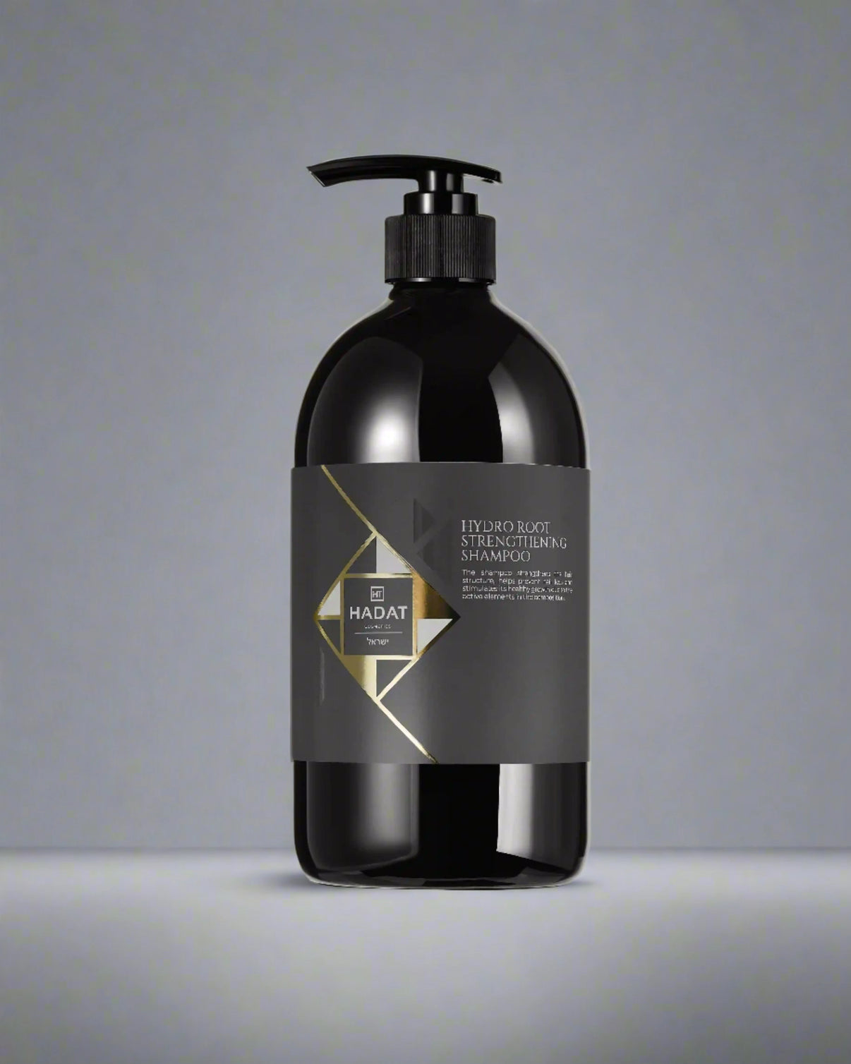 Hadat Hydro Root Strengthening Shampoo bottle with sleek black design and gold accents